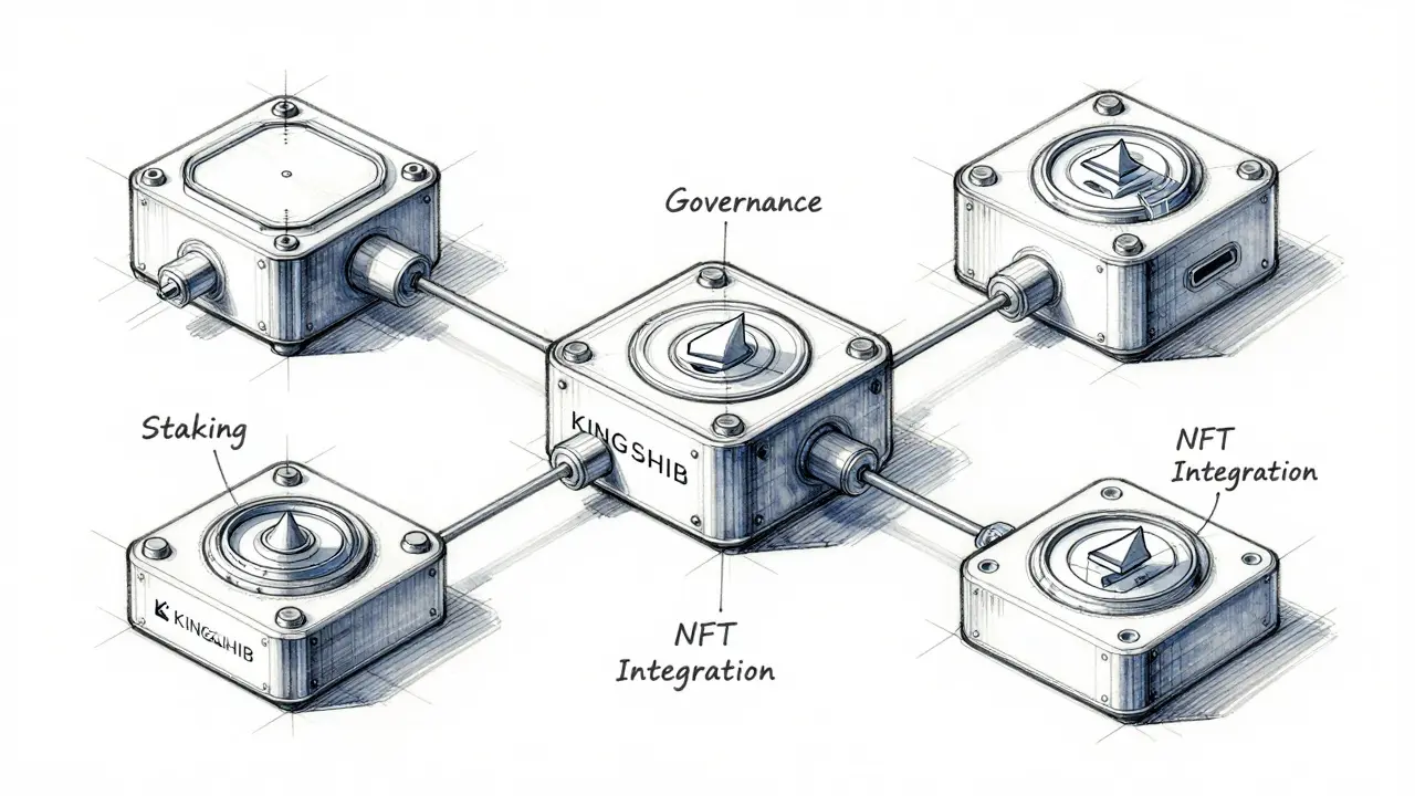 Technical design blueprint showing the interconnected features of the KINGSHIB ecosystem