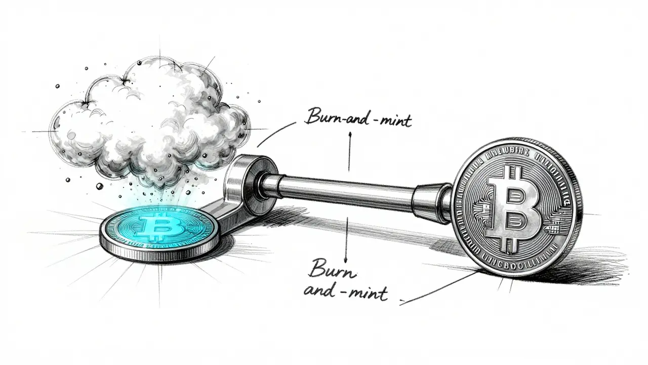 Technical design sketch illustrating the burn-and-mint process of a digital asset