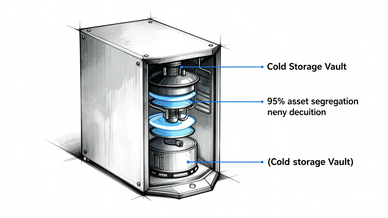 Technical design sketch of a high-security offline cold storage vault for crypto assets.