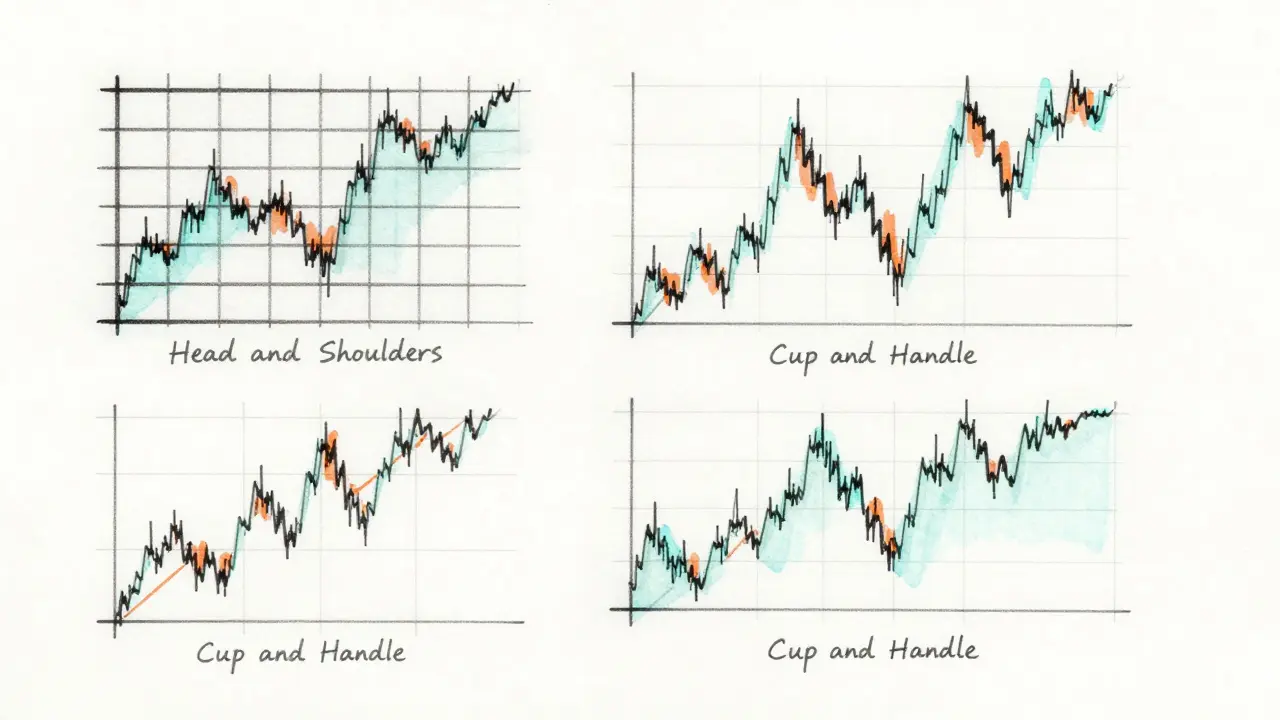 Technical design sketch of cryptocurrency chart patterns like Head and Shoulders on architectural paper