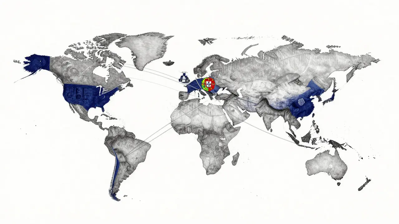 Technical design sketch of global jurisdictions connected by professional legal and corporate links.