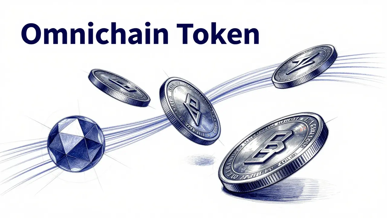 Technical design sketch of interconnected metallic tokens symbolizing multi-chain compatibility.