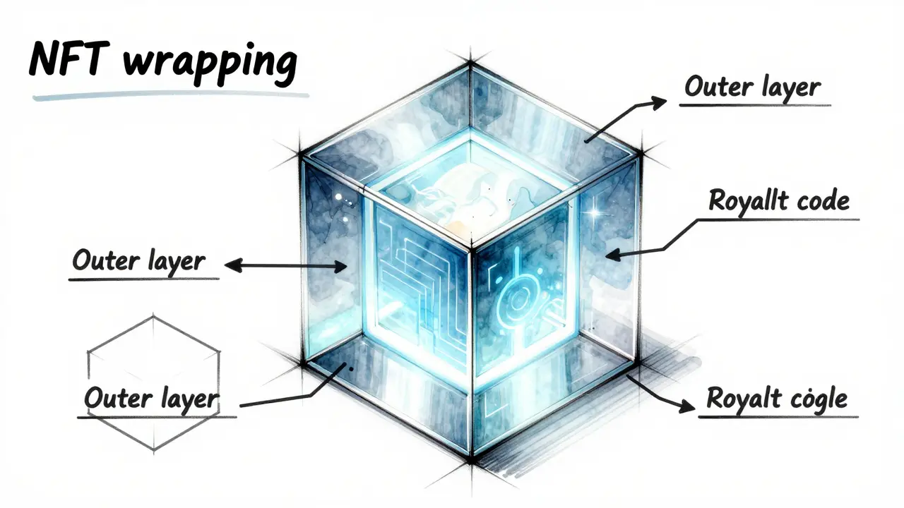 Technical design sketch showing a digital artwork encased in a geometric wrapper to bypass fees.