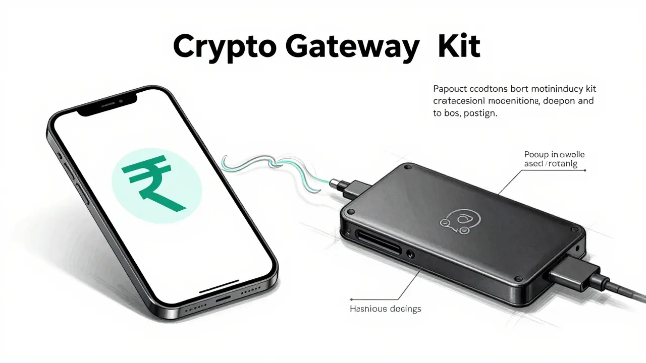 Technical design sketch showing a smartphone linked to a hardware wallet and INR symbol
