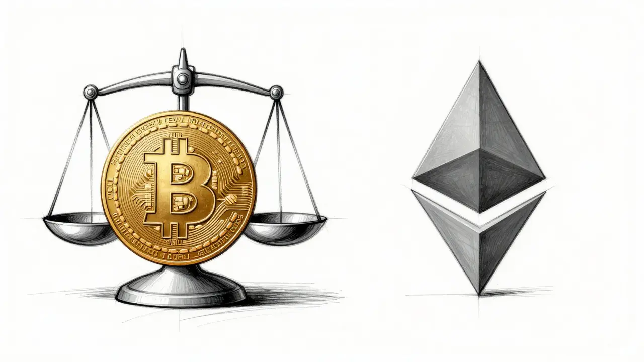 Technical sketch of a balance scale comparing Ethereum and Bitcoin assets