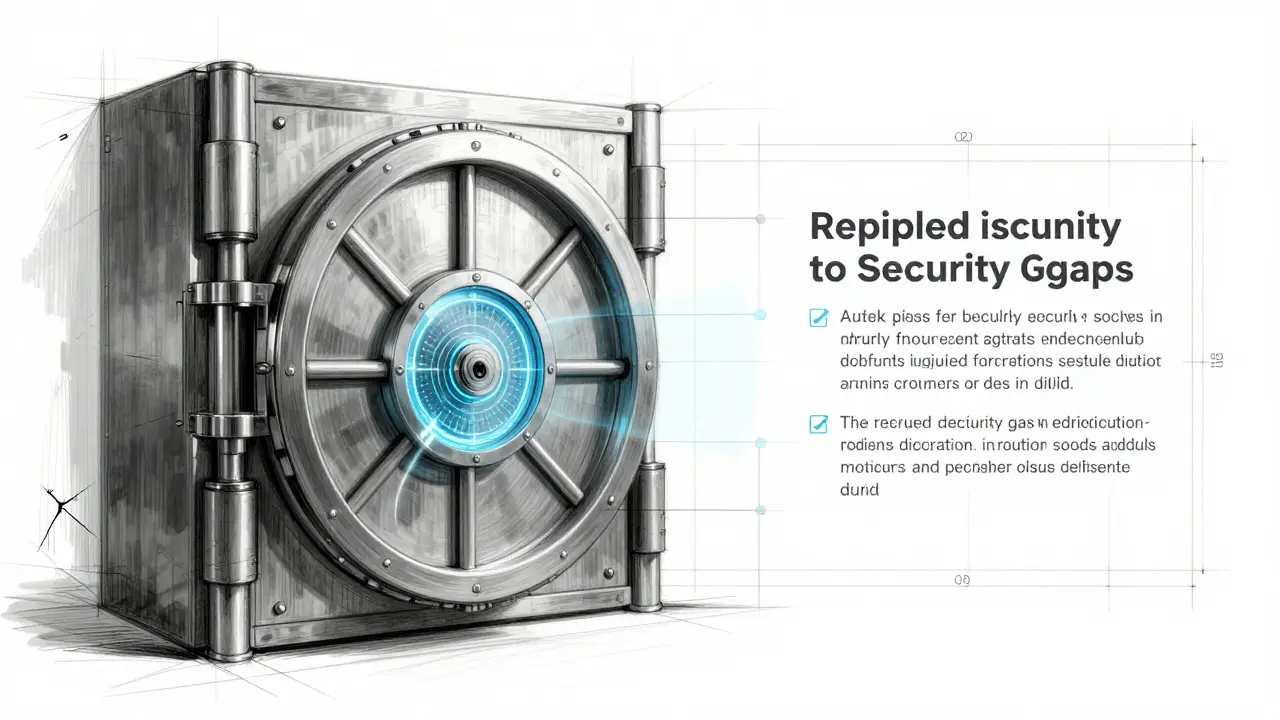 Technical sketch of a digital security vault with holographic 2FA authentication locks.