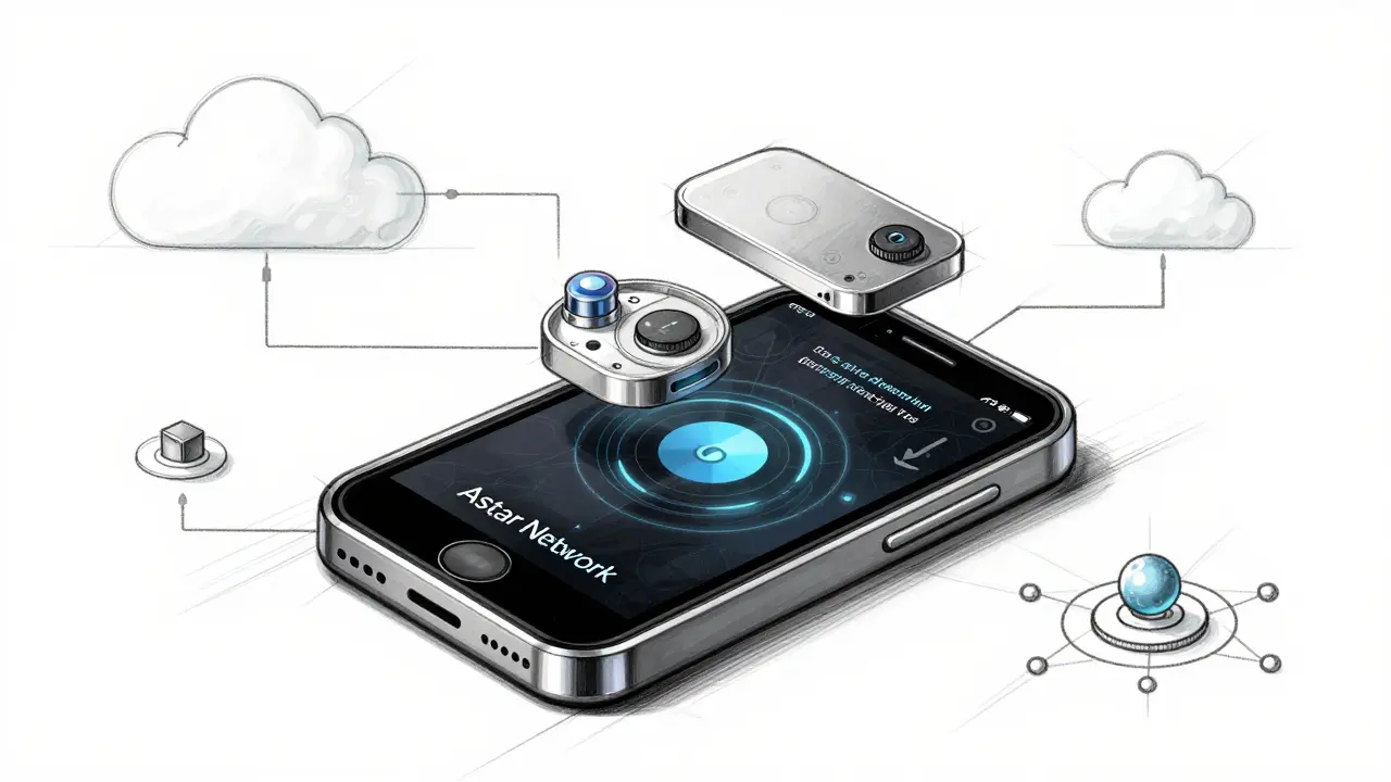 Technical sketch of a futuristic crypto wallet connected to a network hub.