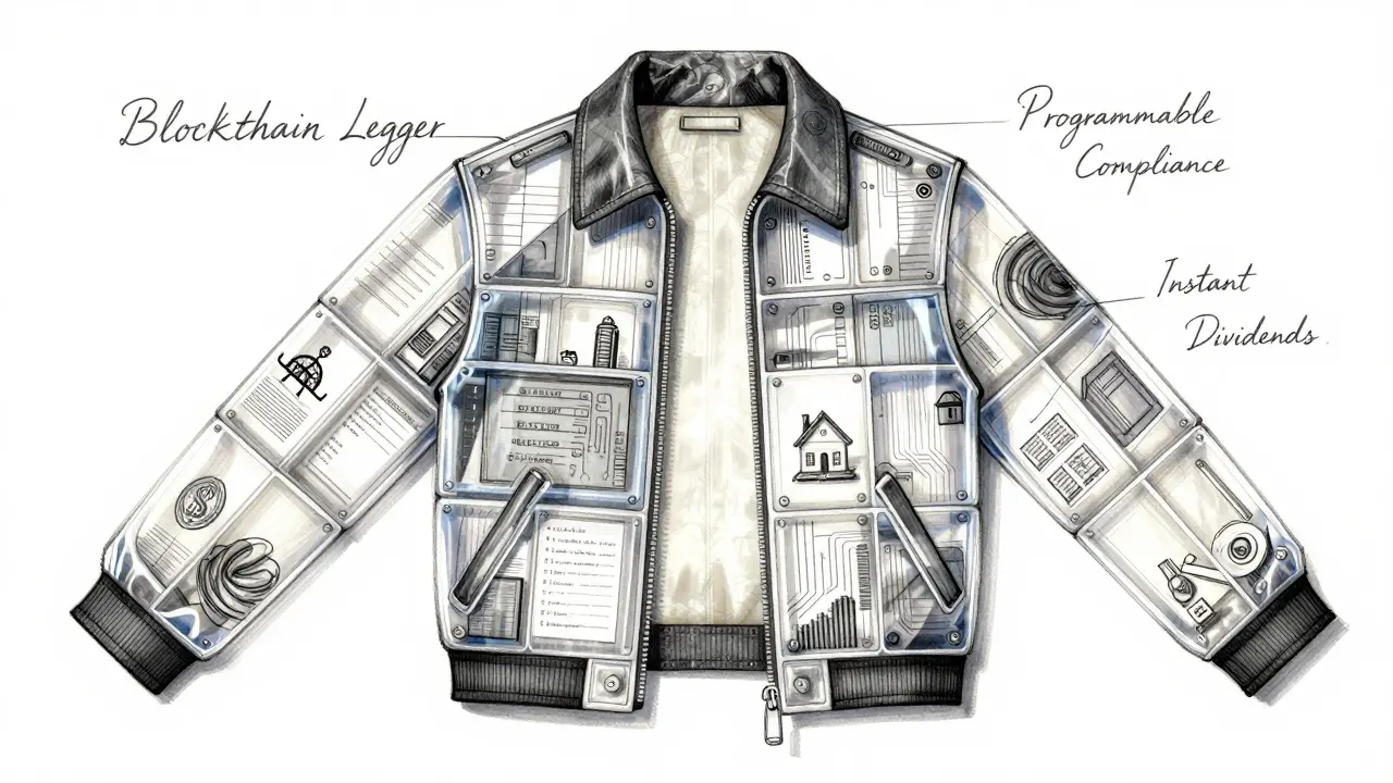 A detailed fashion design illustration of a conceptual blockchain ledger garment, sketched in fine pen strokes with geometric panels representing immutable data and real-world assets.