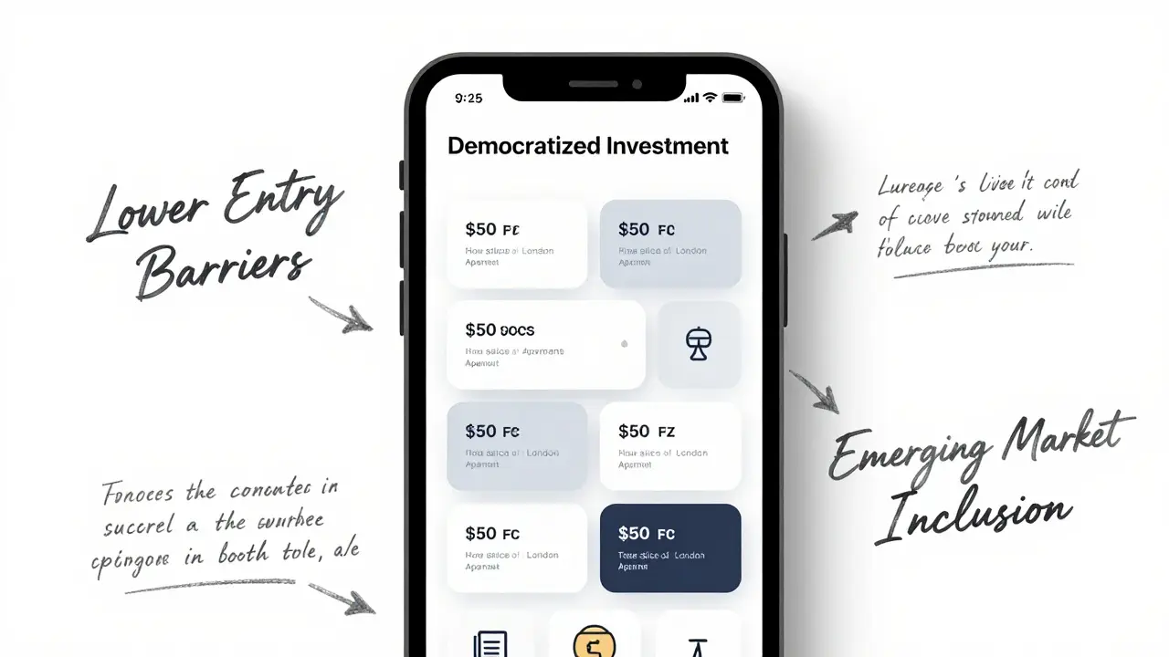 A sophisticated product sketch of a democratized investment interface, rendered in the style of a luxury accessory design document with elegant cursive notes on lower entry barriers.