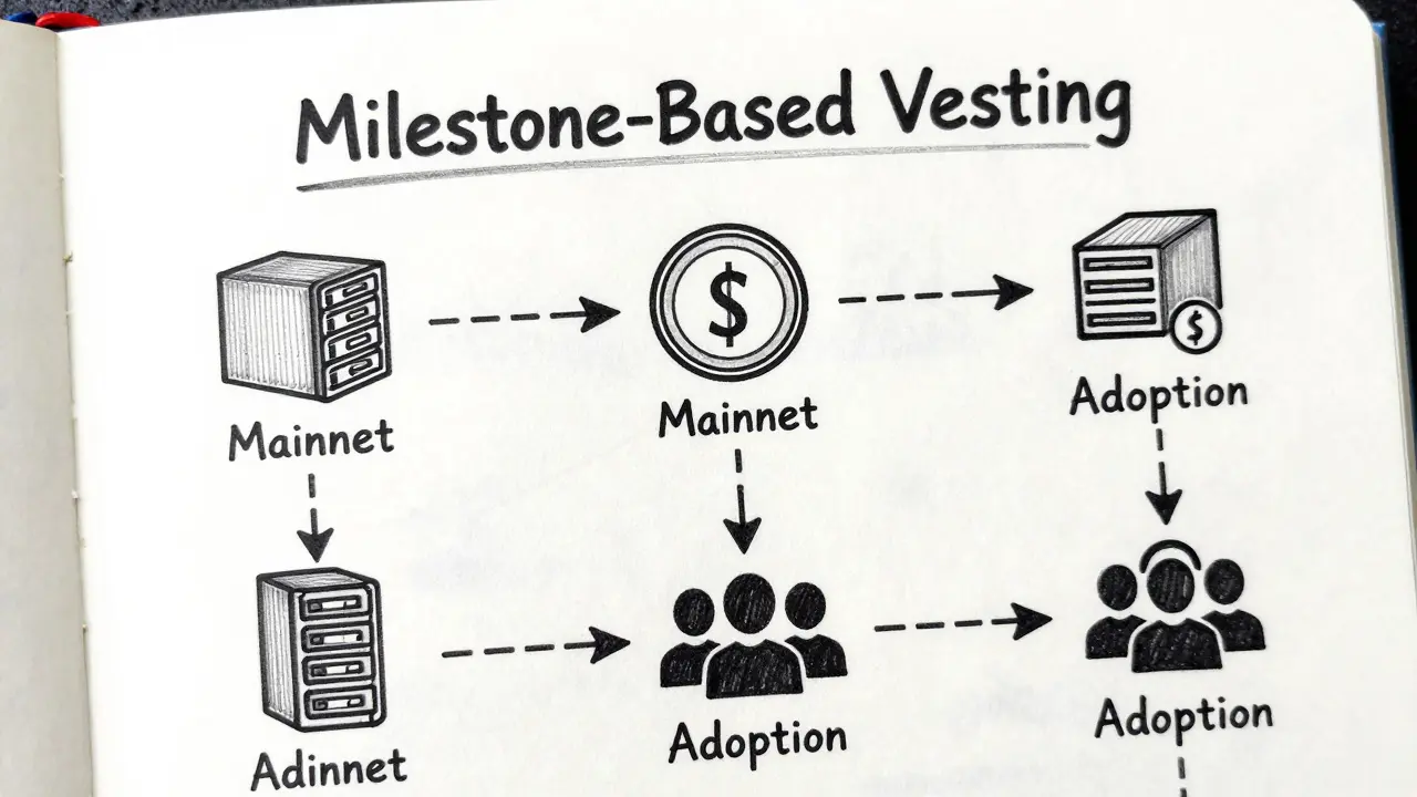 Blueprint sketch linking project milestones to token unlock events.