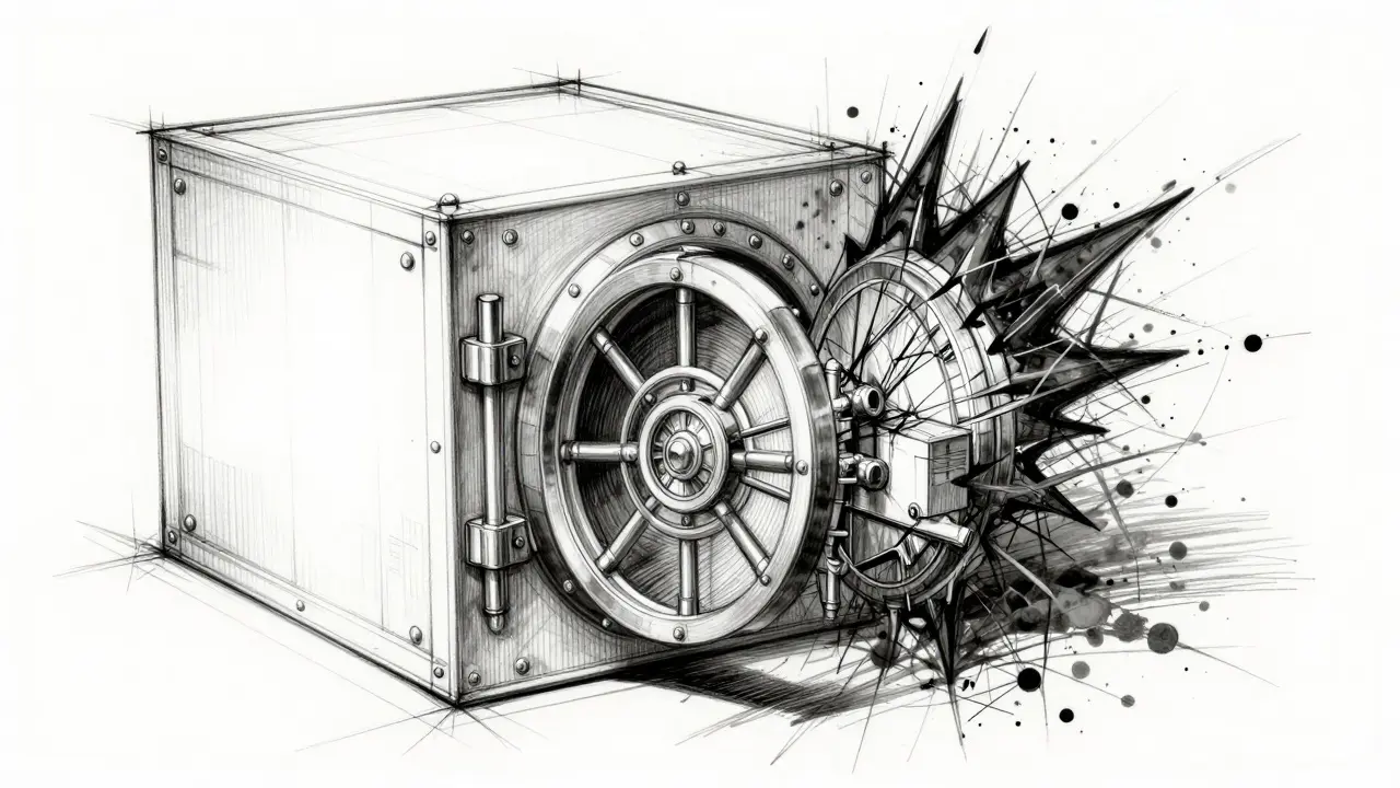 Blueprint style drawing of a hacked crypto vault with broken lines