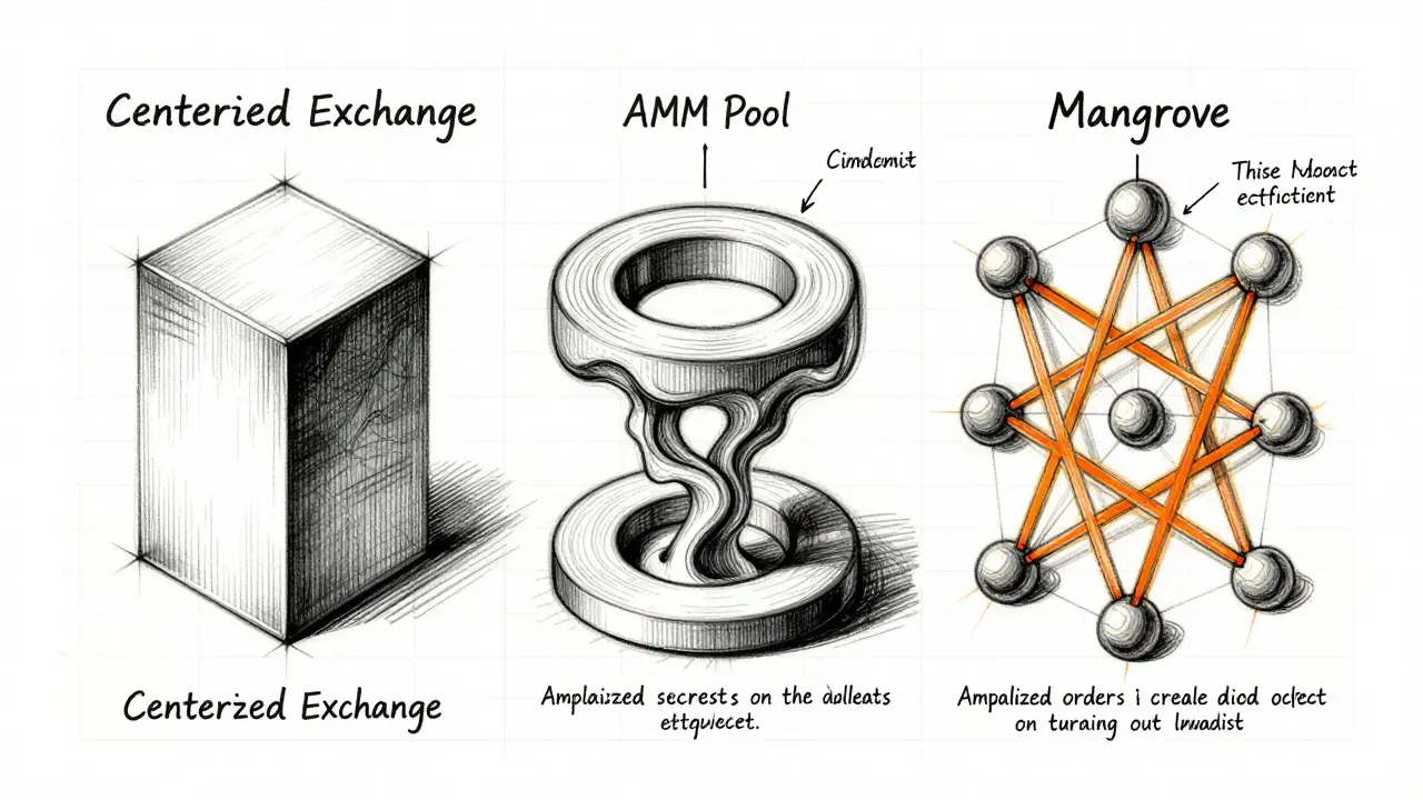 Comparative sketch of CEX, AMM, and Mangrove trading models