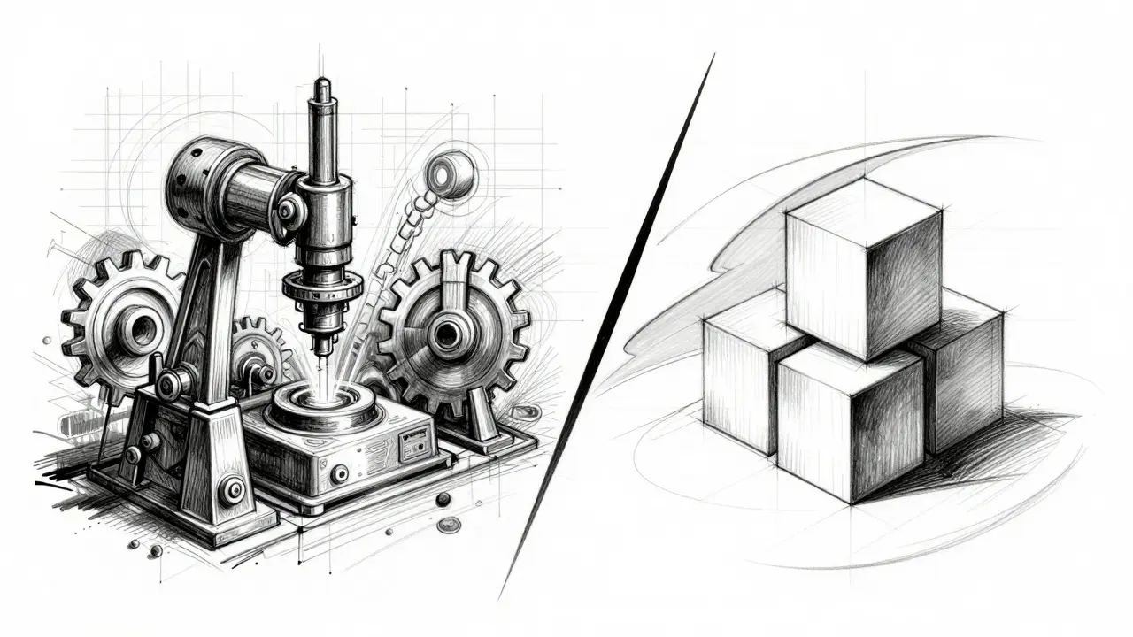 Concept sketch comparing mining machinery to staking blocks