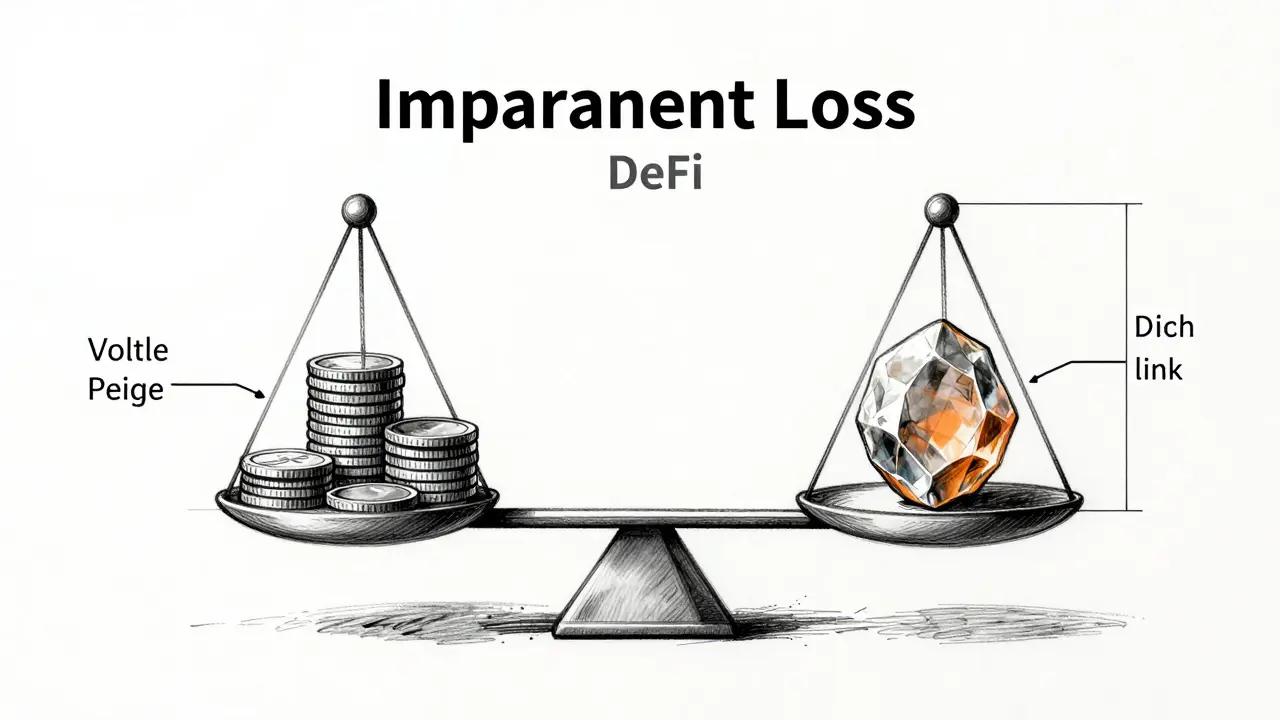 Design drawing illustrating impermanent loss via a balancing scale