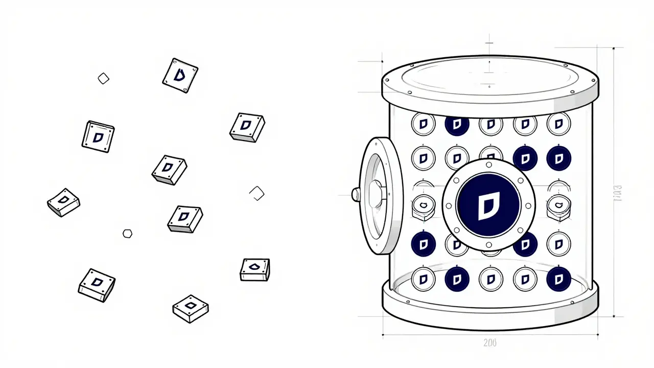 Design illustration comparing unlocked vs locked liquidity assets
