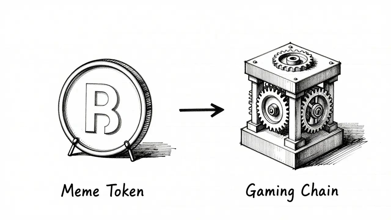 Design sketch comparing a simple meme token to a complex gaming chain