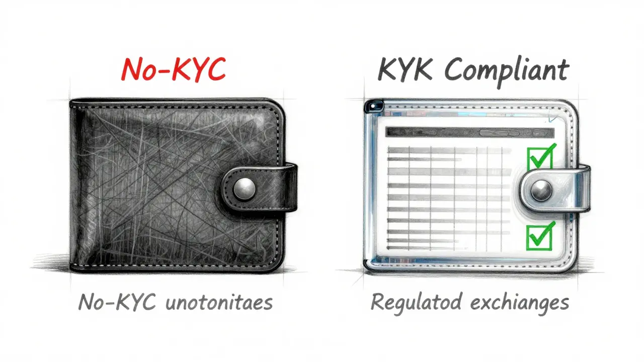 Design sketch comparing anonymous no-KYC wallets with compliant ones.