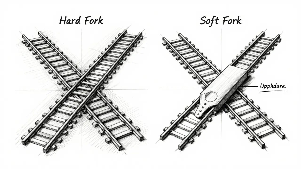 Design sketch comparing hard fork separation vs soft fork upgrade