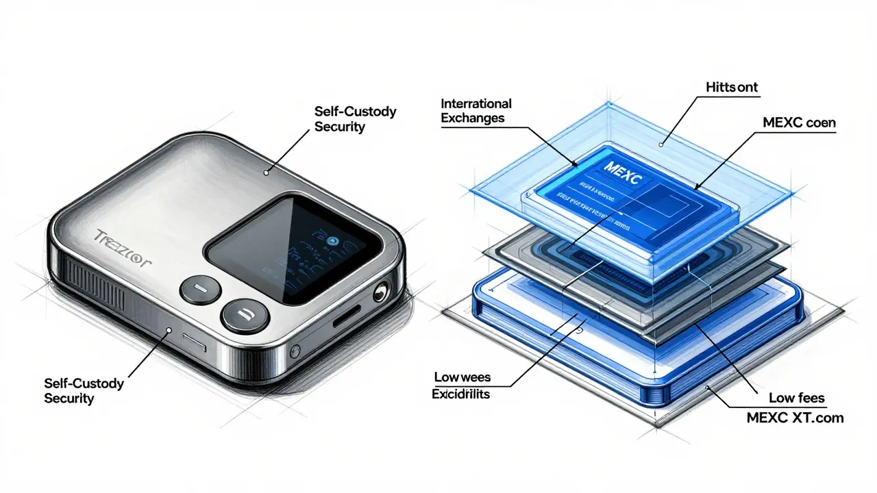 Design sketch comparing hardware wallet security versus software exchange interfaces