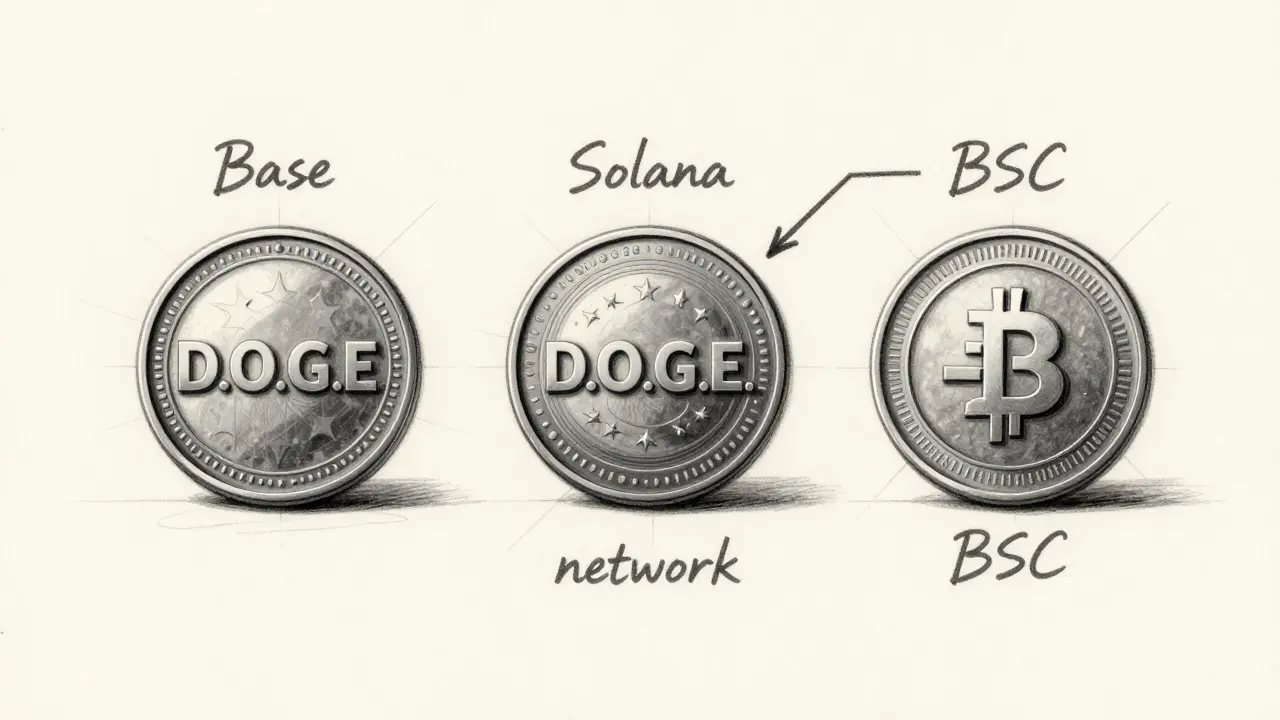 Design sketch comparing three D.O.G.E. tokens on different blockchain networks
