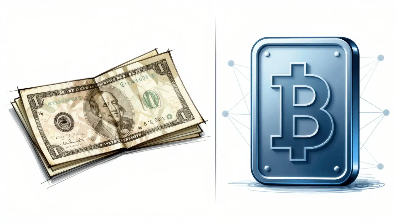 Design sketch contrasting anonymous cash with traceable digital currency