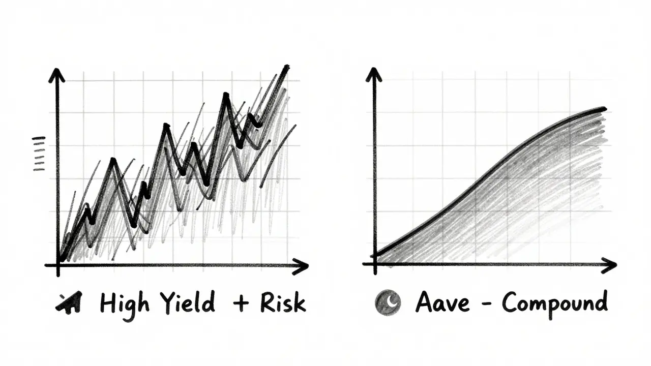 Design sketch contrasting volatile yields with stable lending options