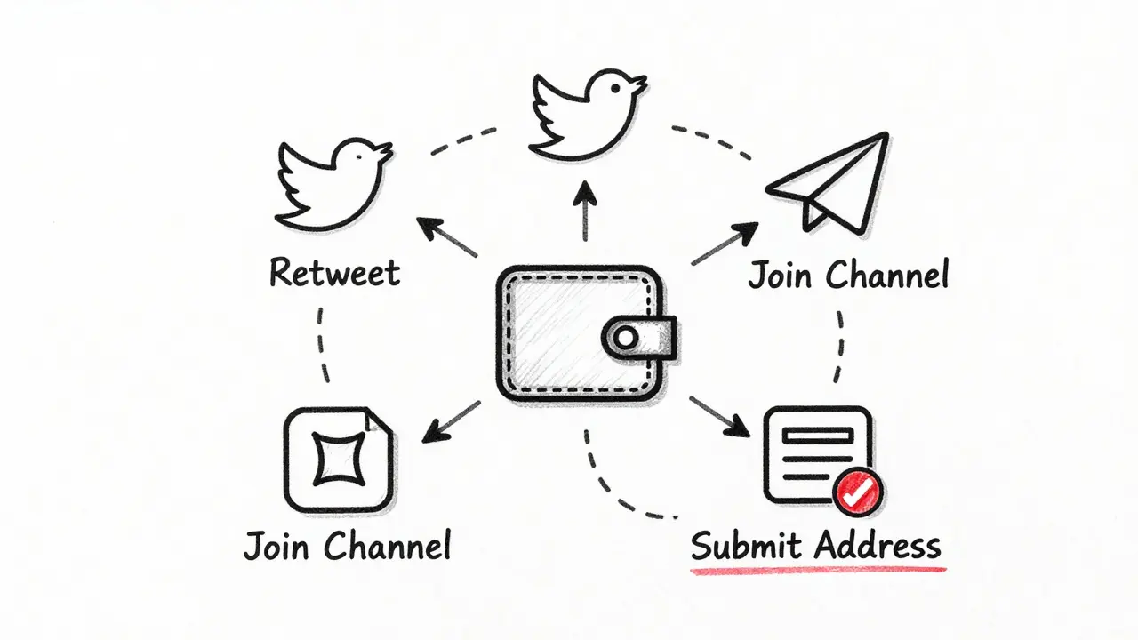Design sketch illustrating social media tasks for crypto airdrop entry