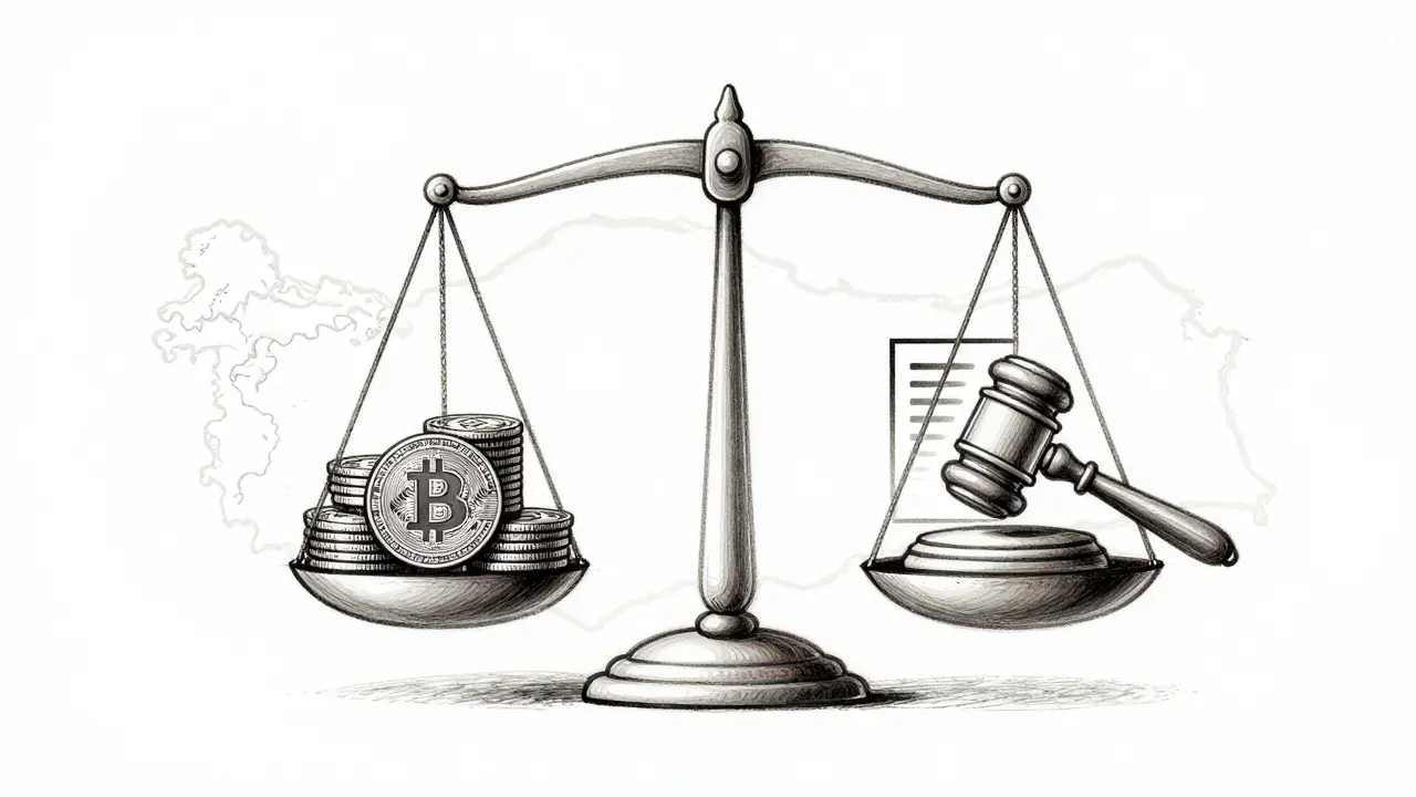 Design sketch of a balance scale weighing crypto assets against legal documents.