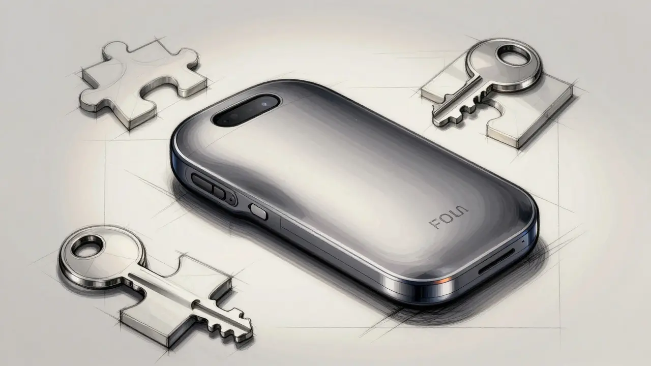 Design sketch of a hardware wallet with abstract cryptographic key symbols.