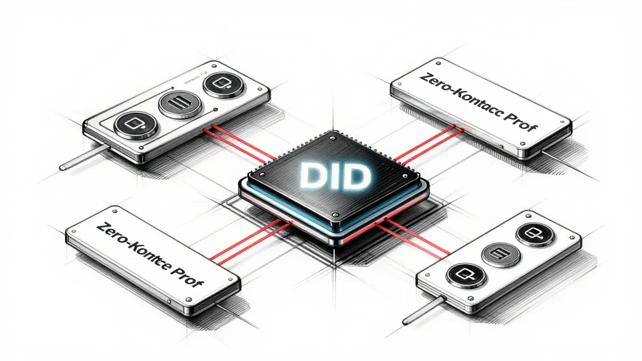 Exploded view sketch of blockchain identity architecture components.