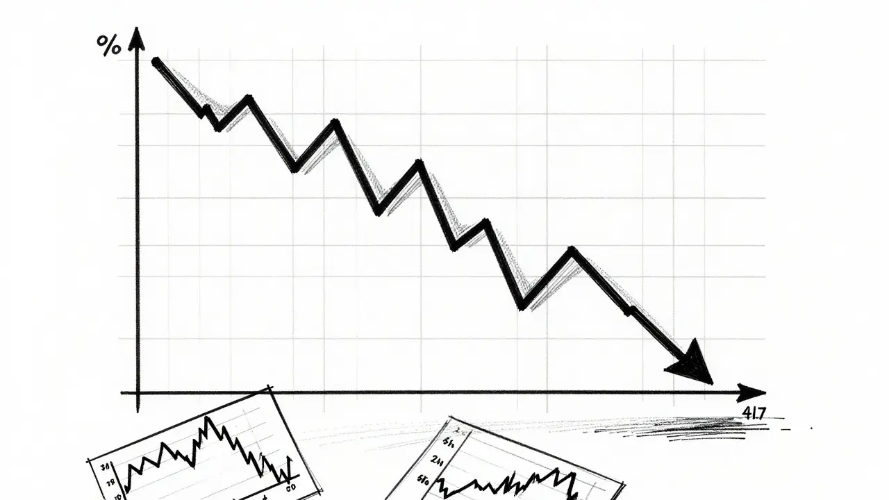 Graph paper sketch showing steep price decline and low trading volume