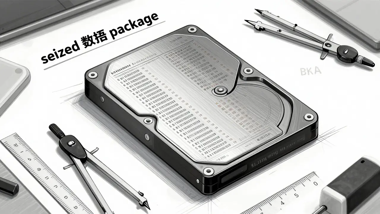 Illustration of seized data drives and forensic analysis tools.
