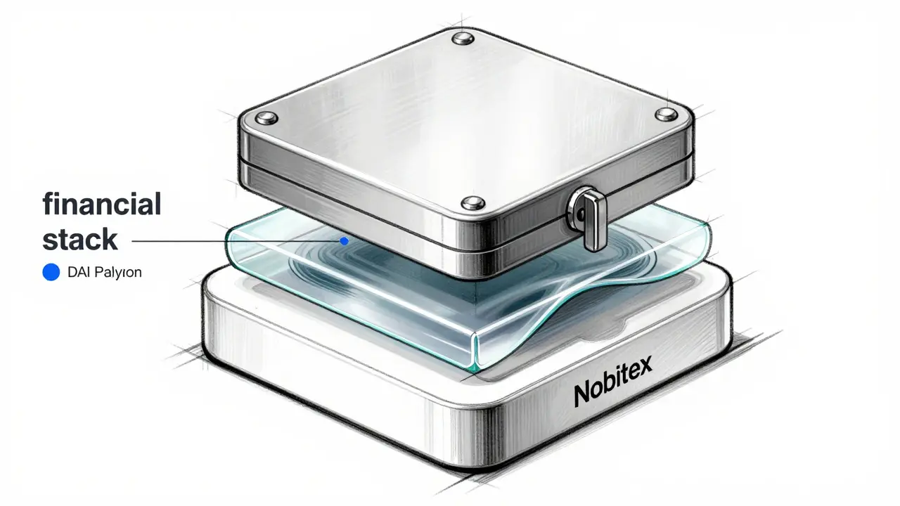 Isometric product sketch of a layered financial stack for crypto asset protection