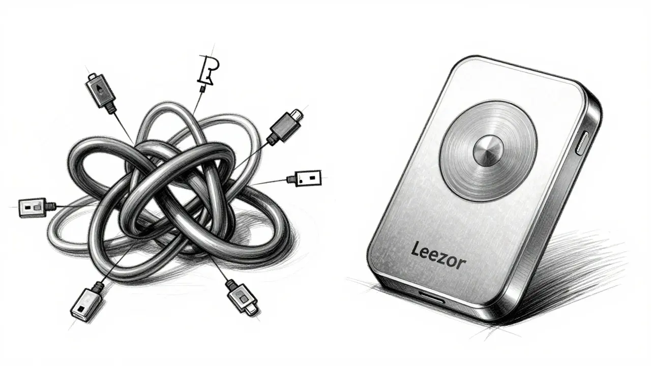 Sketch contrasting tangled scam wires with secure hardware wallet