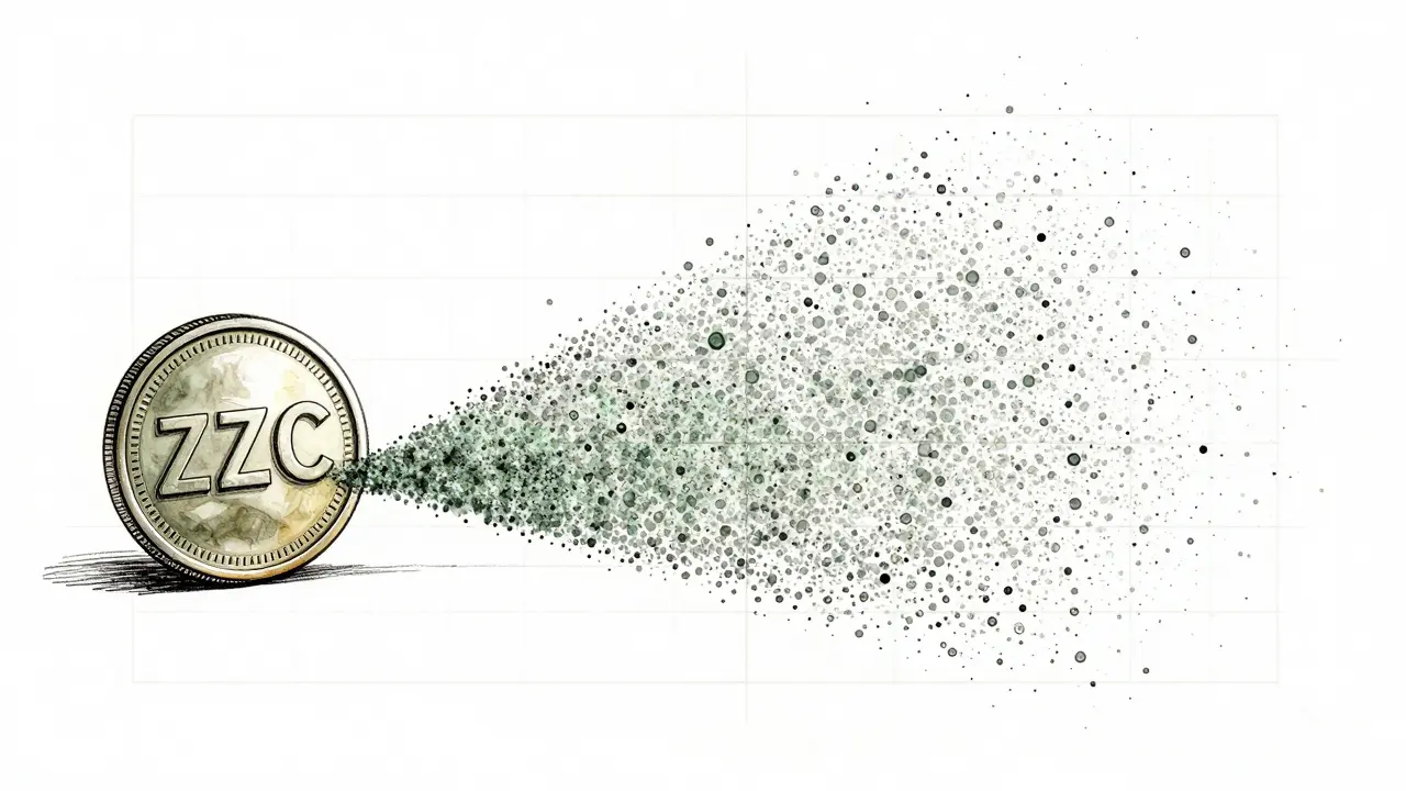 Sketch illustrating massive ZZC token supply with cascading dots