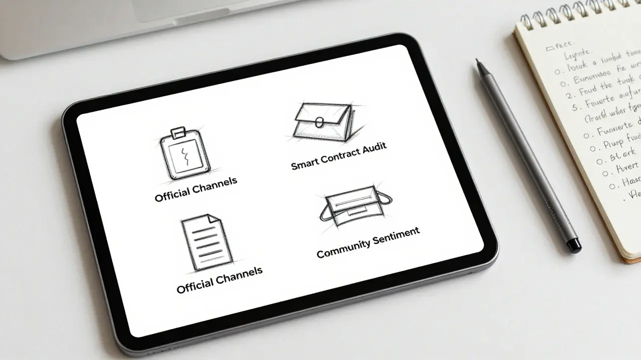 Sketched tablet showing crypto safety checklist and verification steps