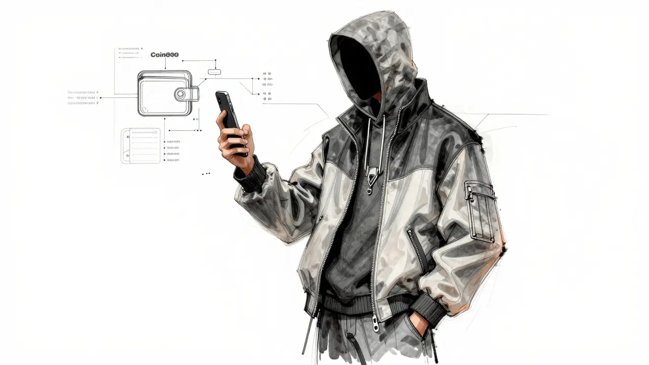 Stylized sketch of a crypto investor with abstract digital elements