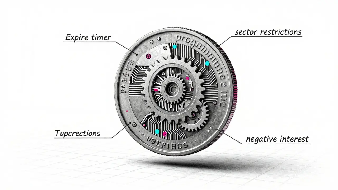 Technical drawing of a programmable digital coin with control mechanisms
