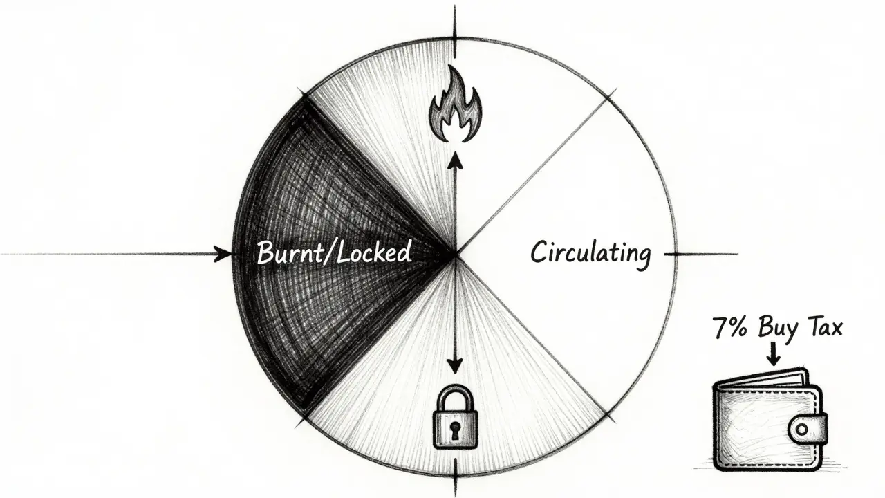 Technical drawing of TWD tokenomics with burn and lock segments
