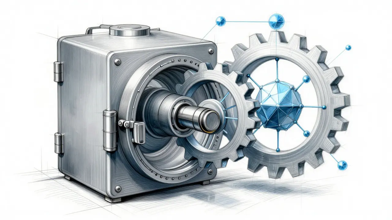 Technical sketch of a smart contract vault symbolizing secure vesting.
