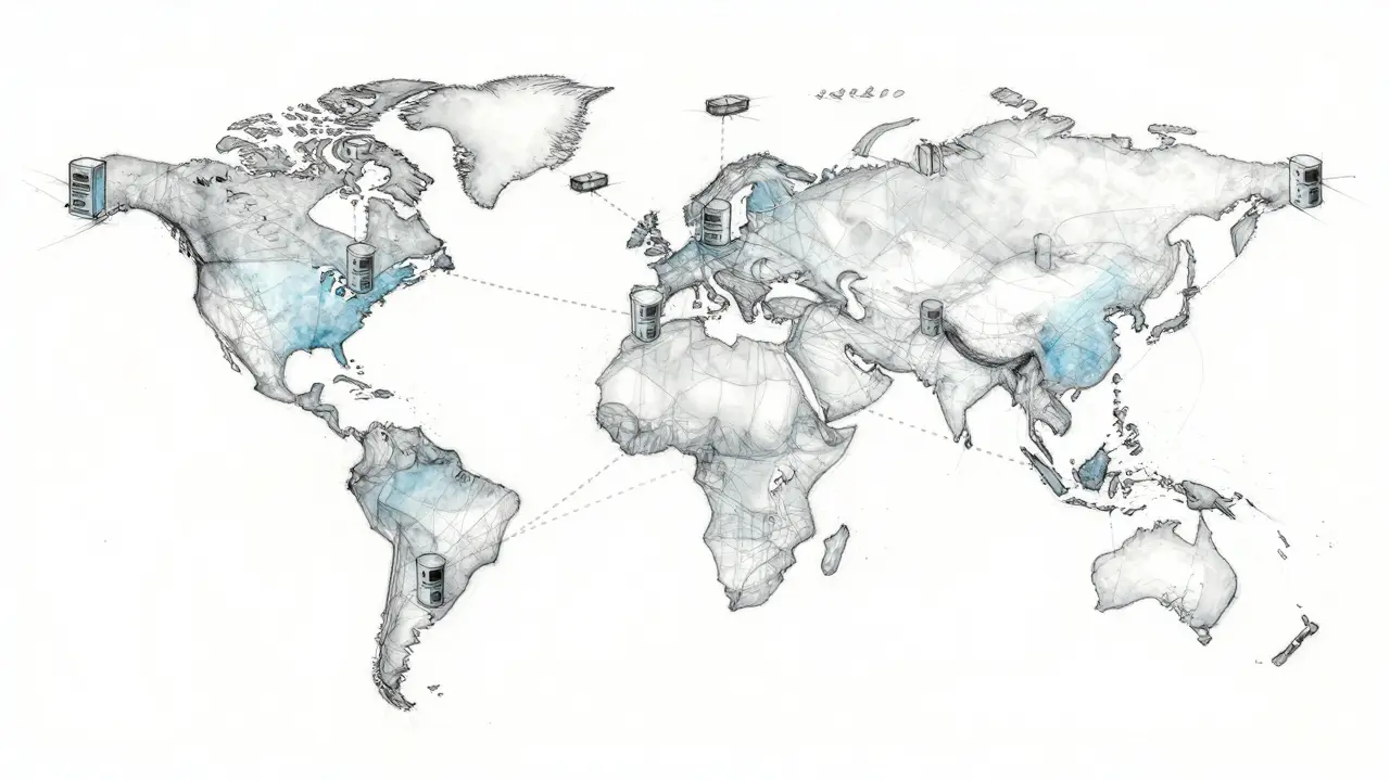 Wireframe sketch of a global decentralized storage network