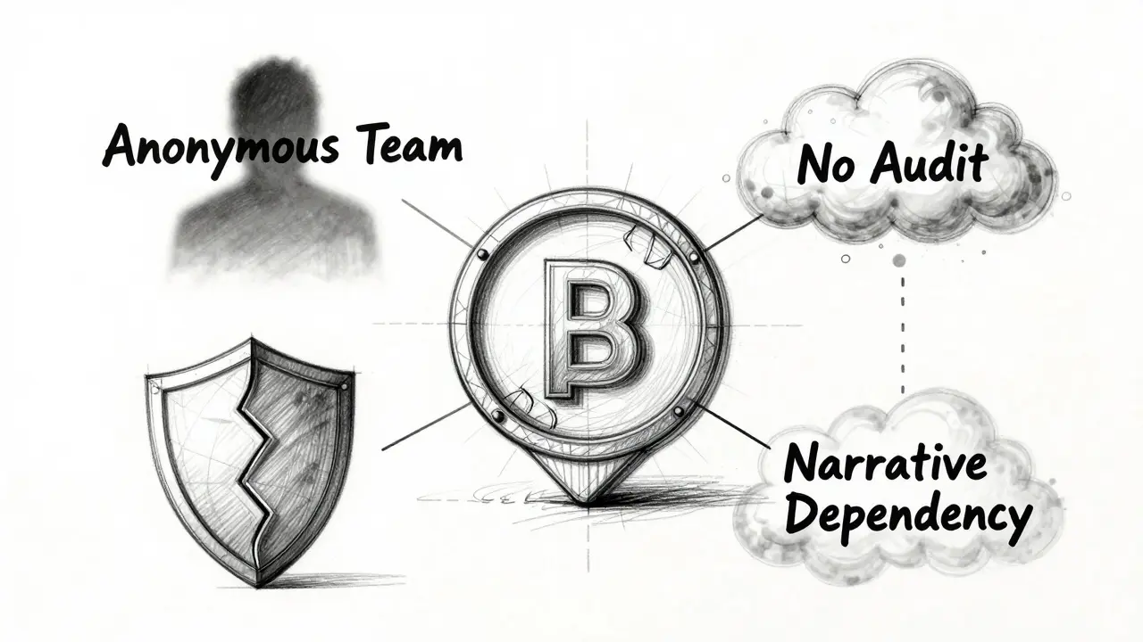 Wireframe sketch showing risk factors around a speculative crypto token