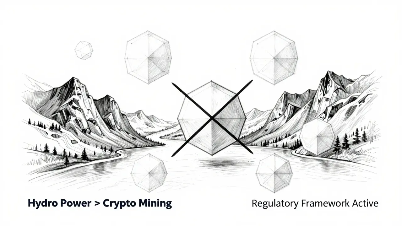 Conceptual design sketch where blockchain nodes transform into Norwegian mountains and water, with a crossed-out node, illustrating the priority of hydro power over cryptocurrency mining.
