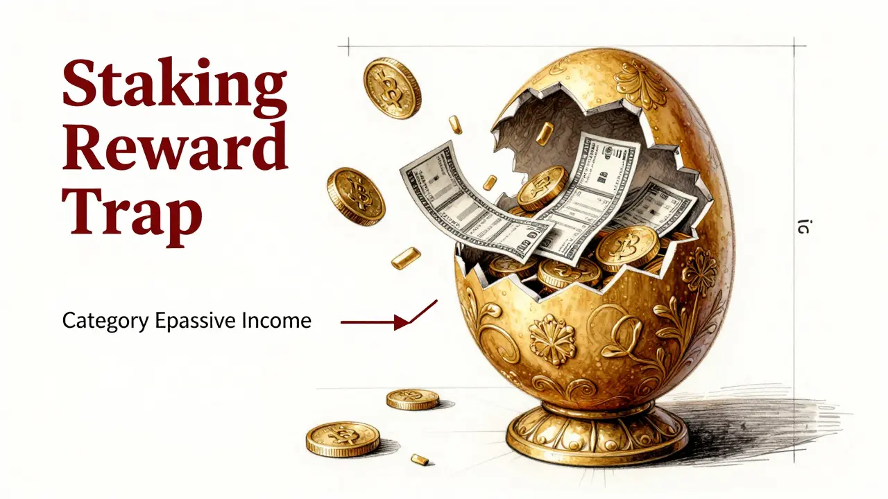 Conceptual sketch of a cracking egg revealing tax bills, symbolizing taxable staking rewards.