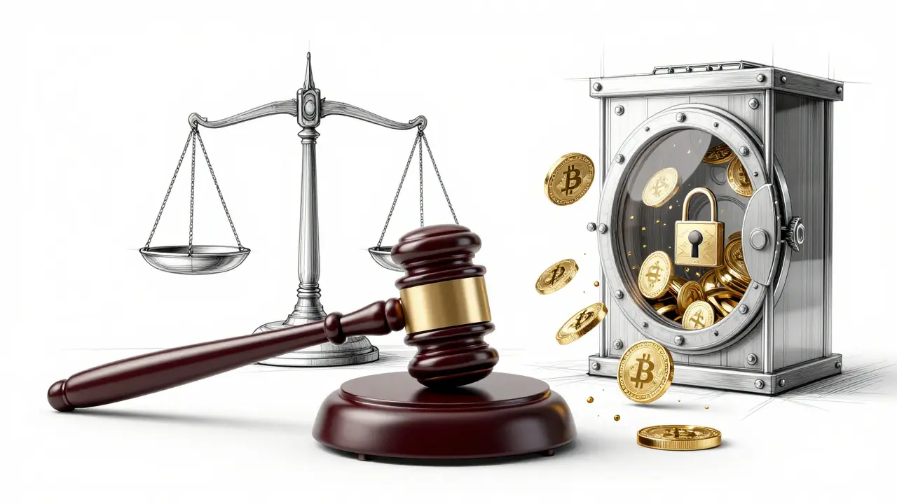 Conceptual sketch of legal gavel and seized crypto assets