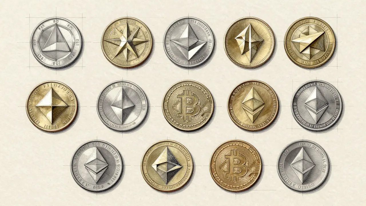 Design sketch of eleven cryptocurrency coins