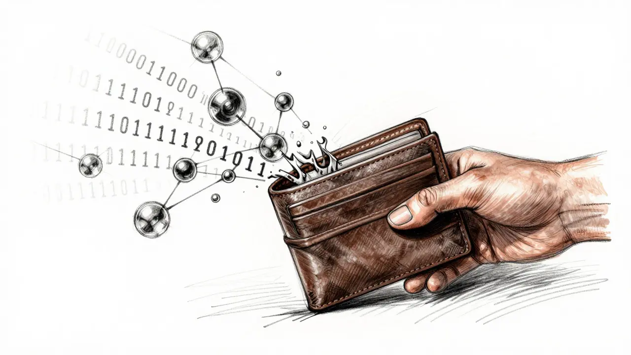 Design sketch of wallet dissolving into digital blockchain code