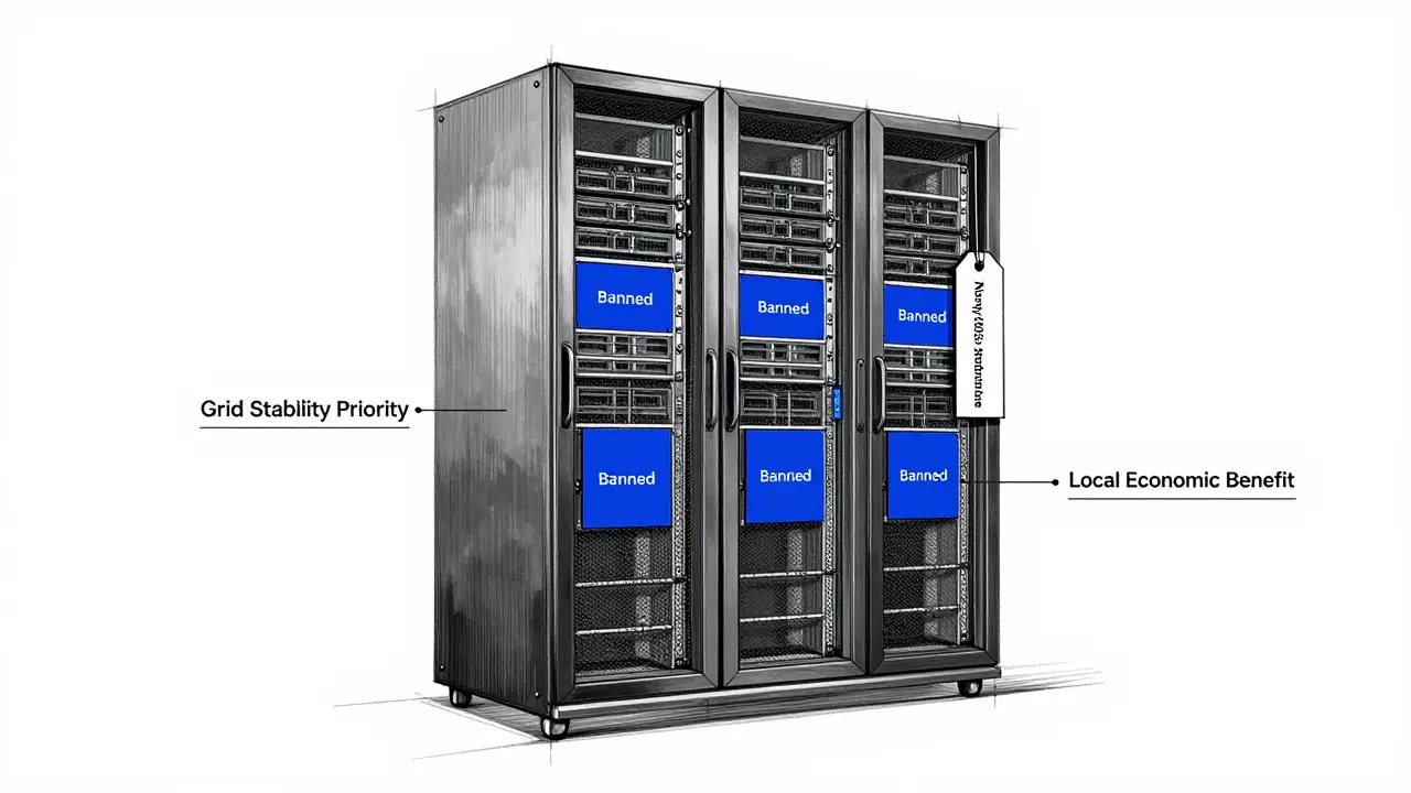 Fashion-style sketch of a data center rack with blocked server slots, labeled as a restricted zone in Norway, emphasizing grid stability and local economic benefits over crypto.