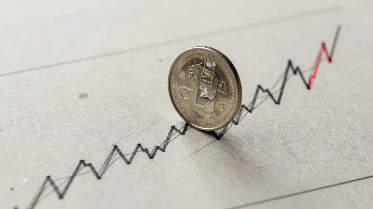 Fragile coin on a jagged line graph sketch