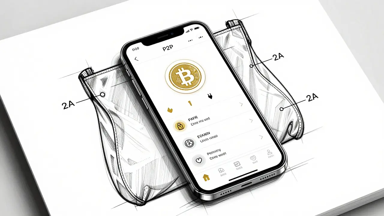 Haute couture style sketch of a smartphone with P2P crypto interface as a wearable tech concept